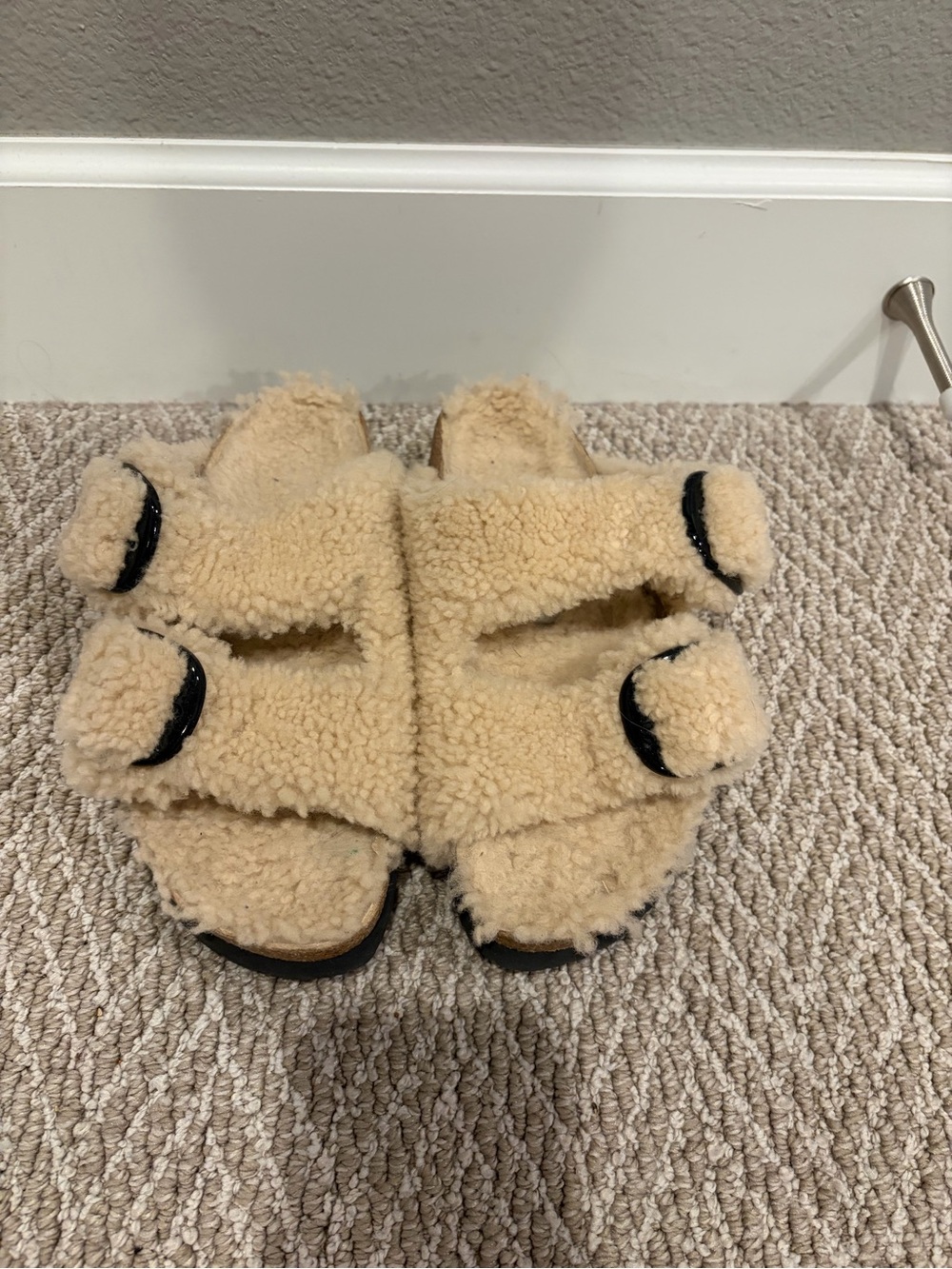 Birkenstock Papillio Shearling Fuzzy Slide Sandals in Cream